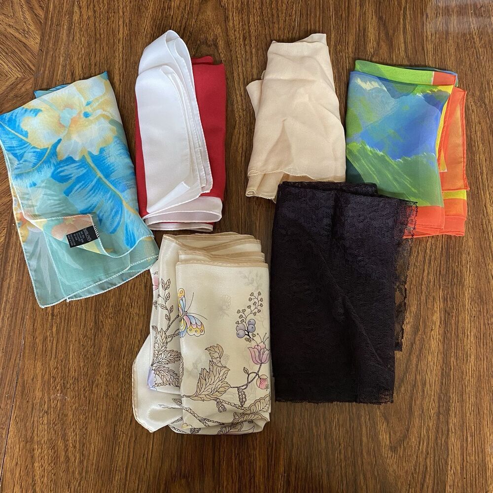 Estate Lot of 6 Silky Nylon Scarves Asst Sizes and Patterns Wear Craft Vtg